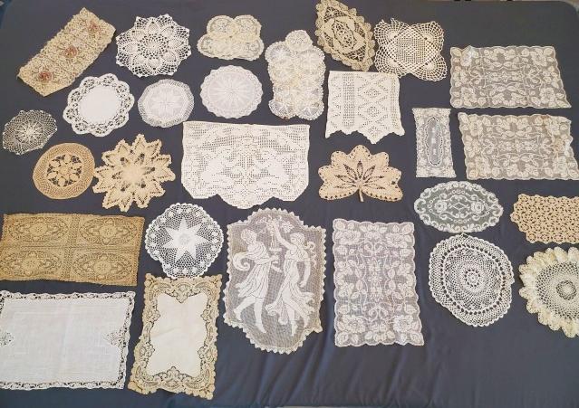 42 Vintage Doilies - Lace, Crochet: 42 vintage doilies, many hand crocheted, and machine made. Overall condition is good, some have spots, storage discoloration and a few holes. We do our best to describe all items in detail and provide