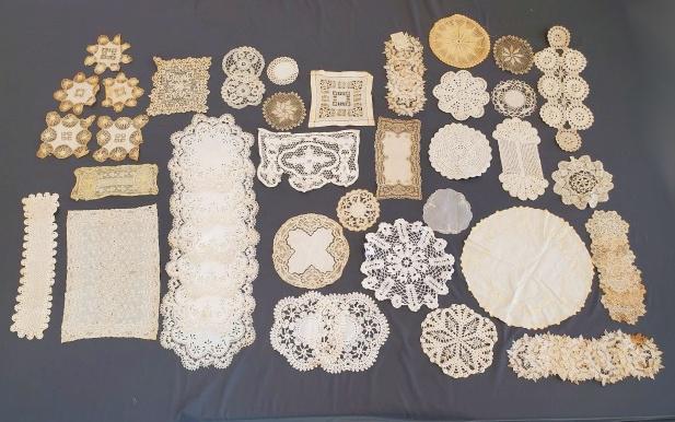 55 Vintage Doilies - Linen, Bobbin Lace, and more: Group of 55 vintage doilies. Many sets including a linen set with eyelets, embroidery and bobbin lace, Sets of small Needle lace, and Tenerife Lace. Along with additional doilies in crochet, filet lac
