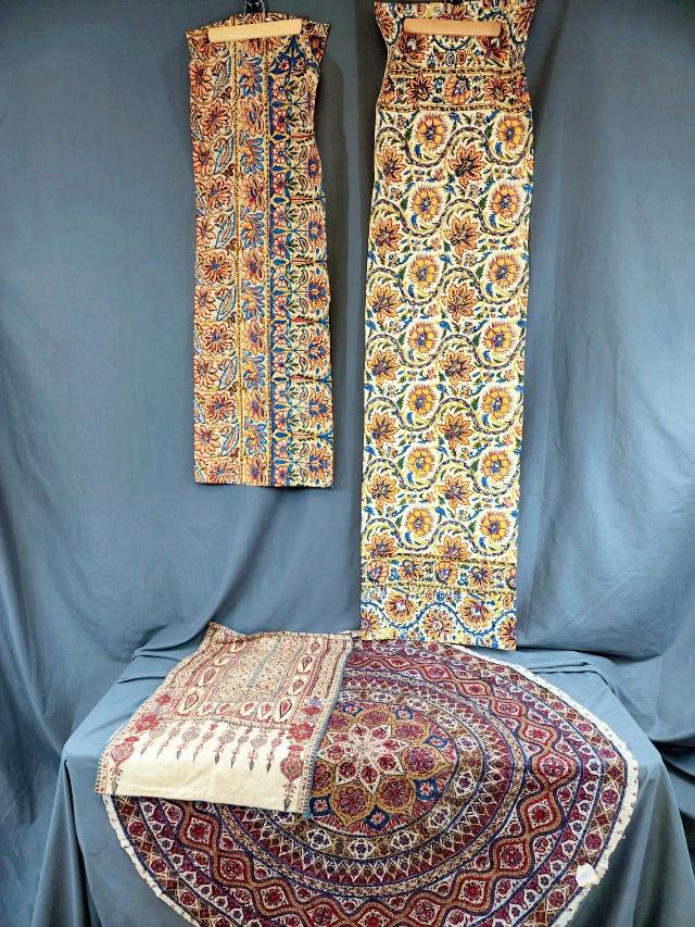 Group of 4 Batik Textiles: Group of 4 hand block batik textiles most likely from India including a runner about 16 x 62 inches, in very good condition and lined; a runner measuring 15 x 44 inches, hemmed, unlined; a finished fr