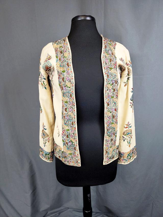 Vintage Wool Hand Embroidered Jacket - India: Vintage Wool with colorful hand embroidered ladies jacket, probably from India. Would be a today's size small. In fair condition, a scattered small spots and a small tear on the back on the collar. We