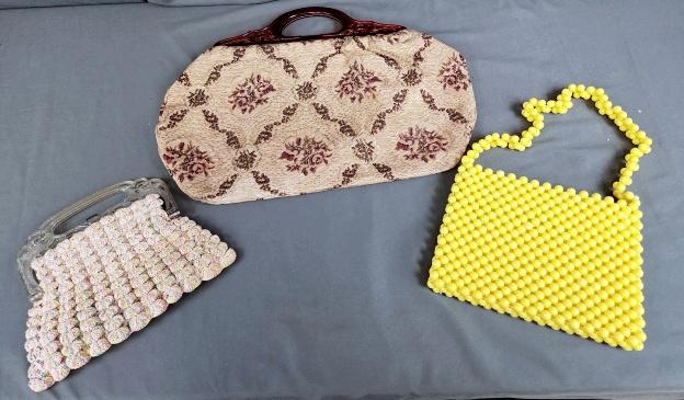 3 Vintage Purses - Lady Ellen: Three vintage purses including a bright yellow plastic bead purse by Lady Ellen made in British Hong Kong; a hand knitted in variegated thread purse with clear plastic frame with birds; along with a t