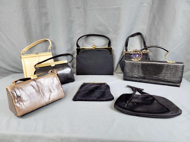 8 Vintage Purses - Park Lane, Meyers & Triangle: Includes velvet bag with gold tone frame; a black satin bag with bow strap by MM with rhinestone clasp; a contemporary Asian style purse with woven ribbon and pretty red gem-like clasp; a black fabric