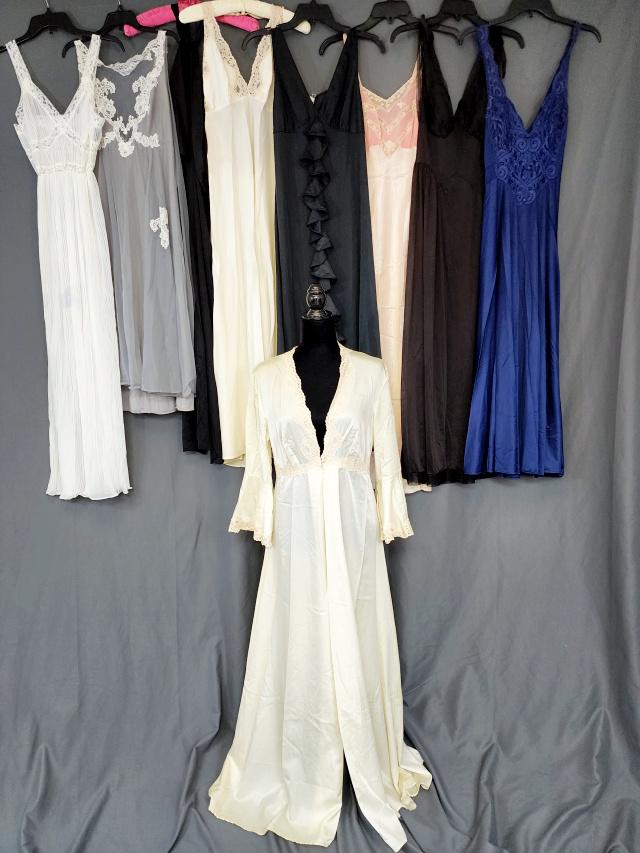 8 Vintage Long Negligees and Robe: 8 Vintage Long Negligees, the Ivory one has a matching Robe. None are silk, but mostly Nylon. Ivory is size 32-34 and by Glydons, negligee has a few spots. Black with ruffle down the front by Flair Li