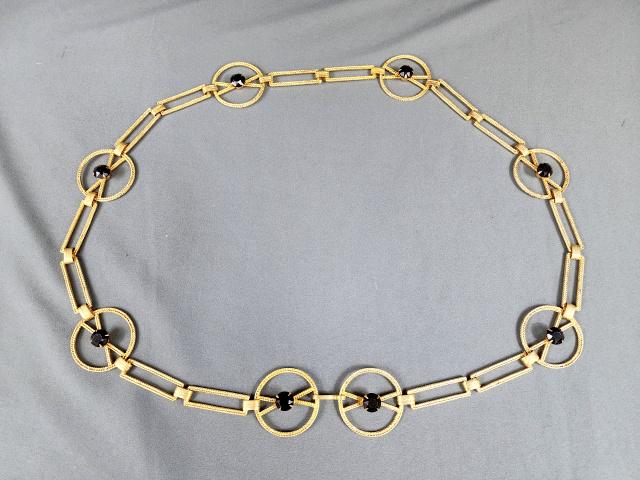 Vintage Chain Belt with Black Rhinestones: Vintage Gold Tone Chain Belt with Black Rhinestones, measuring 37 inches long. In very good condition. We do our best to describe all items in detail and provide pictures. If you have any doubt, pleas