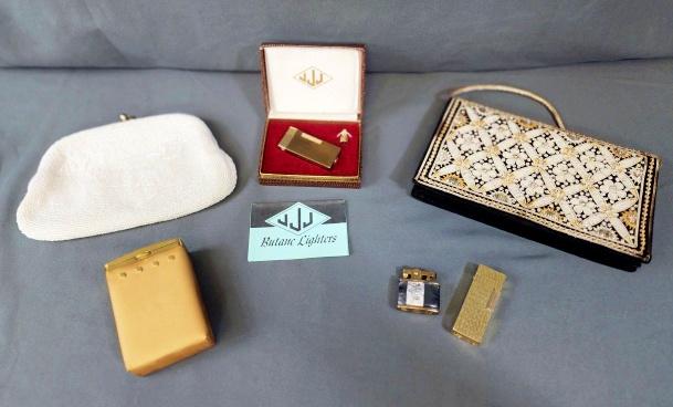 Vintage Lighters, Purses, and more: Grouping with 3 vintage lighters, including JJJ Butane lighter in original box personalized Best Wishes James Brown, a small Mother of Pearl Marhill Made in Japan lighter, and a gold tone Zenith 600 l