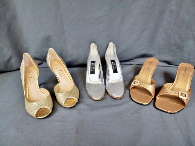 3 Pairs Ladies Evening Shoes Size 6.5 - Weitzman: Group includes a pair of Marc Fisher gold, glitter high heeled, open toed pumps, size 6.5, in very good condition, 3 inch heels; a pair of Lucite heels by Stuart Weitzman, size 6.5, in very good condi
