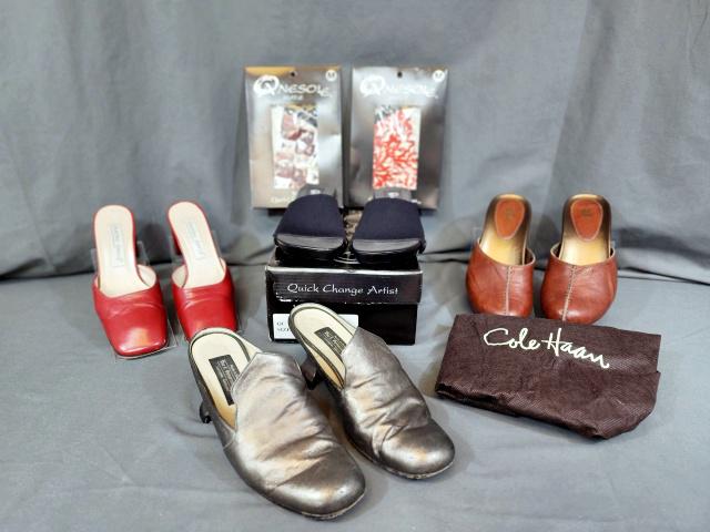 4 Pairs of Ladies Designer Shoes - Size 6.5: Includes G Series brown leather clogs with wood heels, in good condition, with dust bag; a pair of J. Peterman Company, Made in Italy, slide, in a pewter lame, size 6.5, in good used condition; a pair