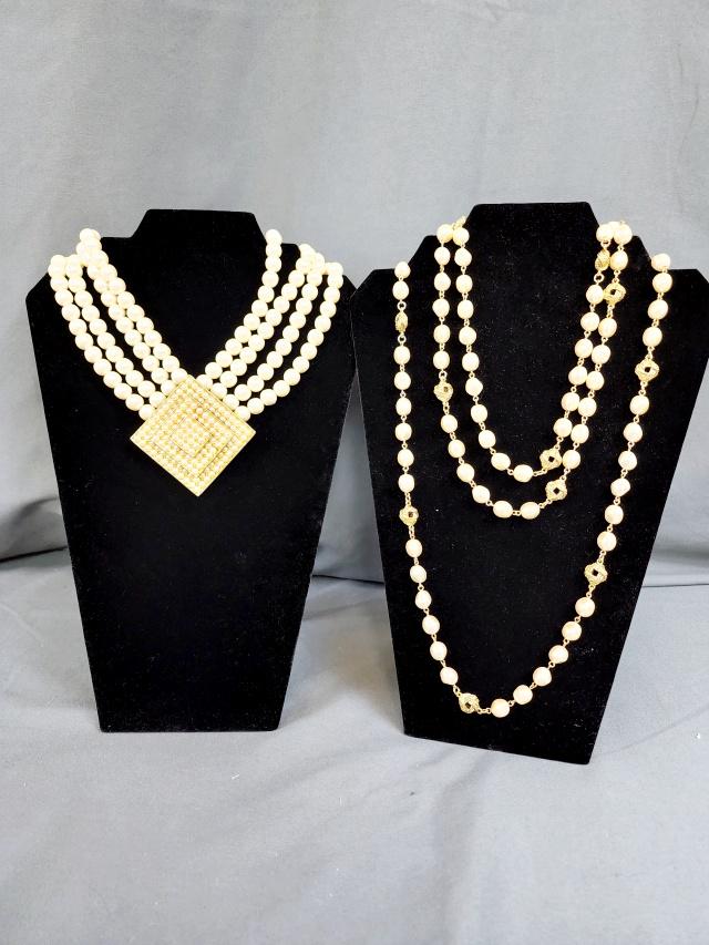 2 Faux Pearl Necklaces - Feinberg & Rivers: Includes a four-strand faux pearl choker with a 2 x 2 inch dimensional pearl pendant, choker is detachable from pendant by two pins, in good condition with some possible repair and glue to the pendant