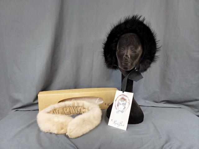 Vintage Fur Collar, Fur Randy Band Head Piece: Vintage Fawn color Fur collar with clips on the ends along with a dyed Black Wolf Randy Band in original box. Insert shows this worn on the head. Tag by Jacques La Ramie. Both in very good condition. 