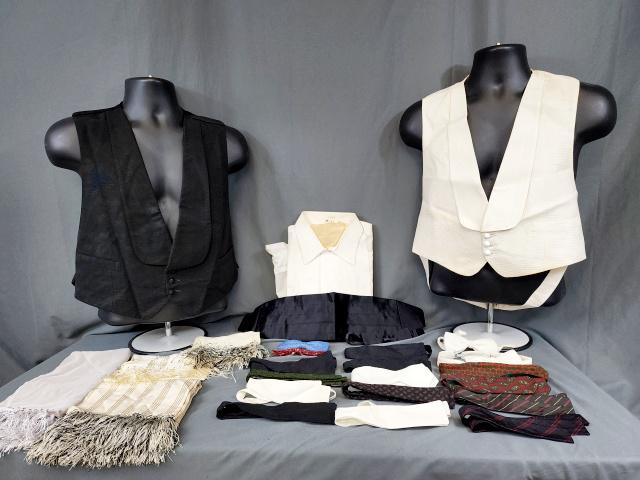 Vintage Men's Bow Ties, Scarves, Vests, more: Evening for the gentleman on an evening out! Includes 28 vintage bow ties, some adjustable, a few clip on, in silk, at least one wool. Also includes a black satin cummerbund, 4 silk/nylon scarves, 2 t