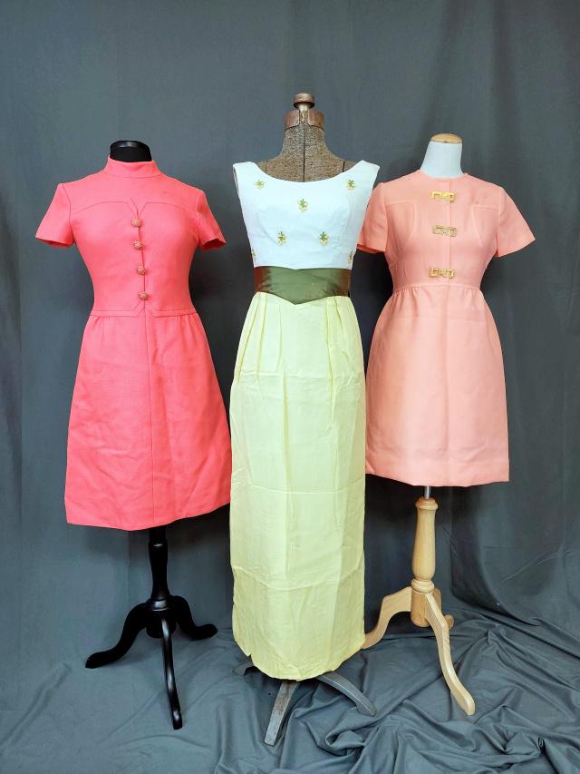 2 Cute Vintage Pink Dresses and a Maxi Dress: 3 vintage c1970s dresses includes a hot pink polyester A line dress with short sleeves and 4 faux buttons down the front zipper in the back, has pockets, Saks Fifth Avenue, small spot on front shoulde