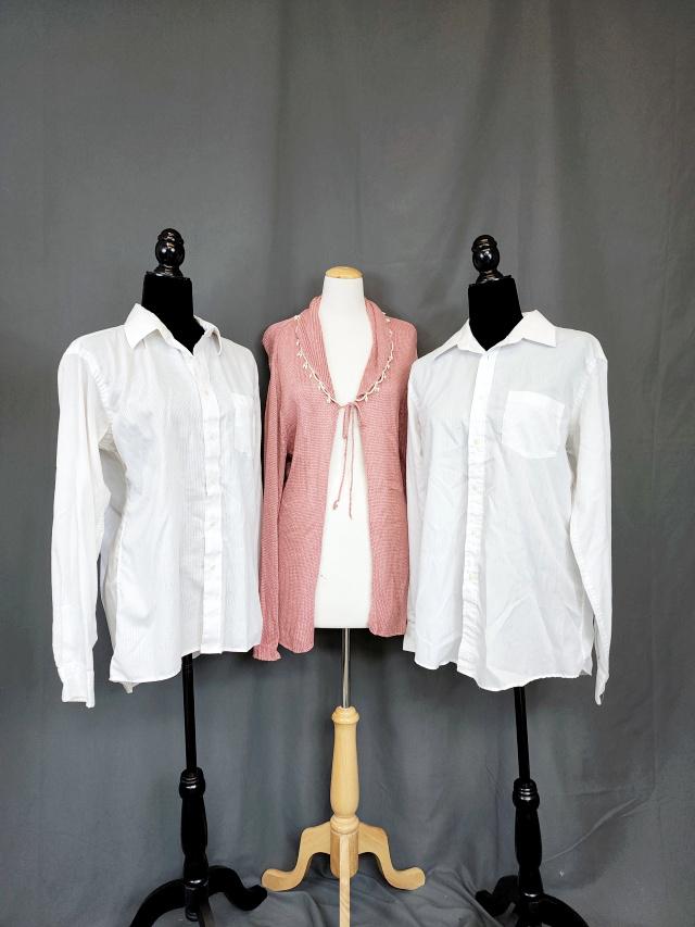 2 Designer Blouses and a Sweater - Dior, YSL: 2 Vintage ladies white blouses and a Sweater. One white blouse is by Christian Dior, size 16 34/35, has a small mark on the pocket. The other white blouse is by Yves St Laurent Chemise size 16 34/35. 