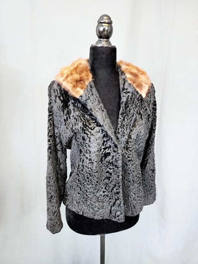 Vintage Ladies Persian Lamb and Fur Jacket: Vintage Ladies Black Persian Lamb or Broadhead and Brown Fur collar Jacket, with hook and eye closure in the front. Tag by Tailored Woman, Fifth Avenue and 57th St, NY. Monogrammed on the inside linin