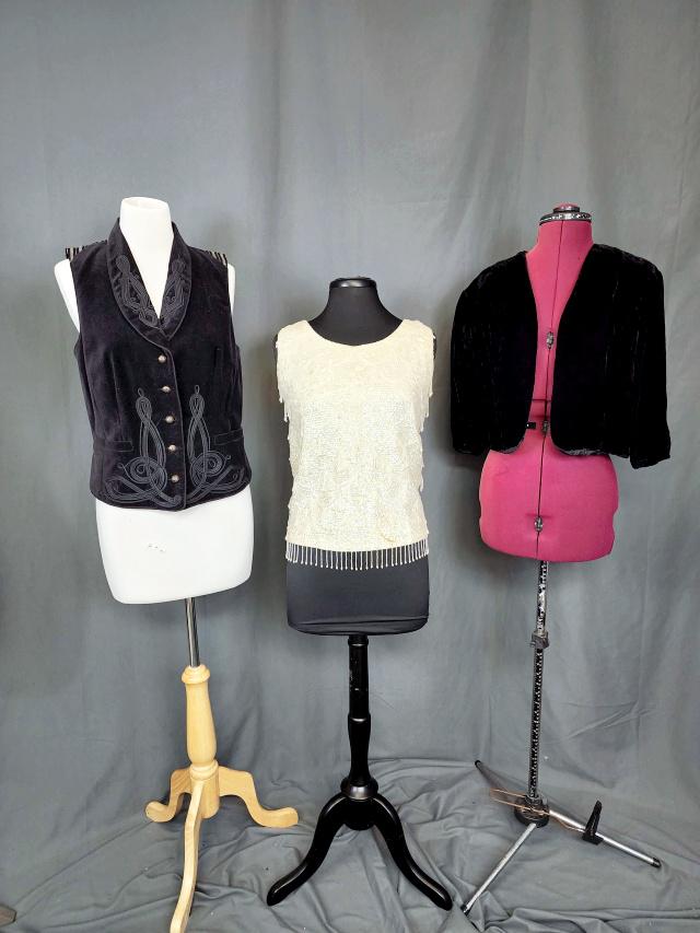 Vintage Ladies Vest, Sequin Top, Velvet Jacket: Grouping includes 3 vintage ladies pieces: a Lauren Jeans Ladies Vest black velour with soutache on the front and a silk striped back, size M, in very good condition. A ladies velvet jacket with 3/4 s