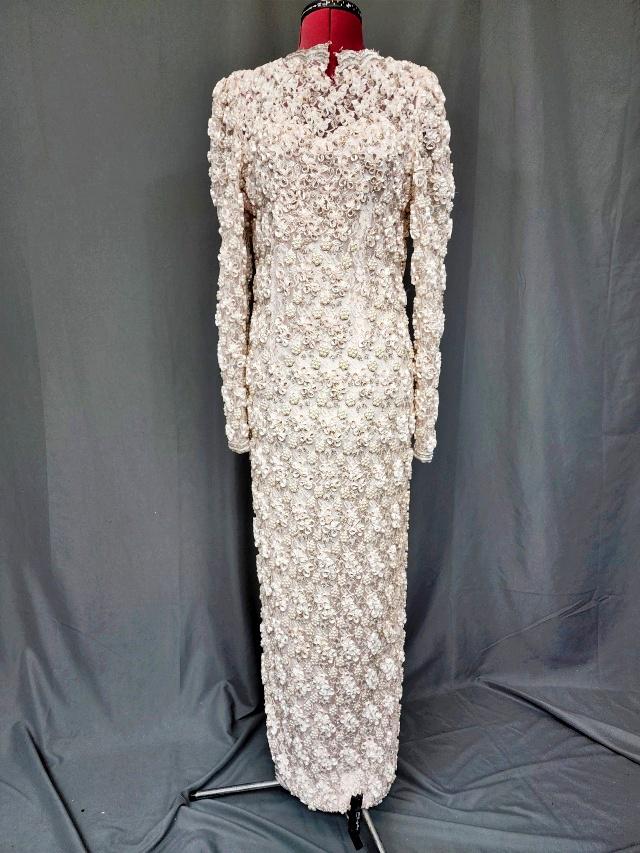 Vintage Sally Musto Accents Beaded Dress: Vintage Sally Musto Accents pink dress with lace and heavily embellished with white pearls, silver beads and white quill ribbon swirls. It says it is a Medium. Measurements while laying flat are 18b, 