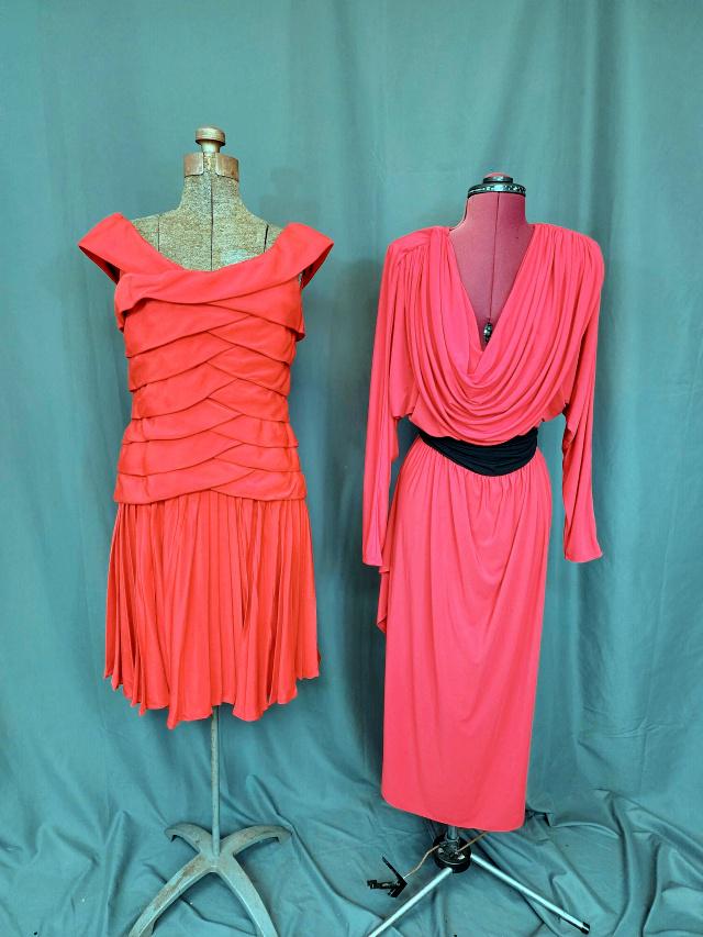 2 Vintage Red Dresses - Scaasi Boutique: 2 Vintage c1980s red dresses, including a cherry red with off the shoulder sleeves, layered bodice, and pleated skirt. Tag by Scaasi Boutique Measures 17b, 15w, 18h. In good condition, small spot by s