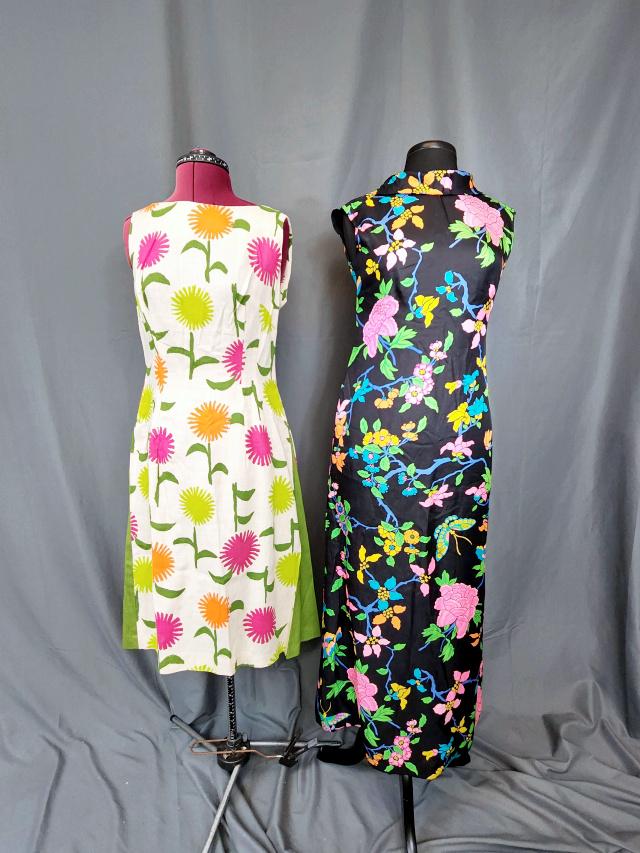 2 Vintage Floral Dresses - Jimi Fox and more: 2 Vintage Floral Dresses includes a natural color cotton linen blend with bright pink, orange and lime green flowers, sleeveless, back zipper, gussets and the sides, in very good condition, no tag. Me