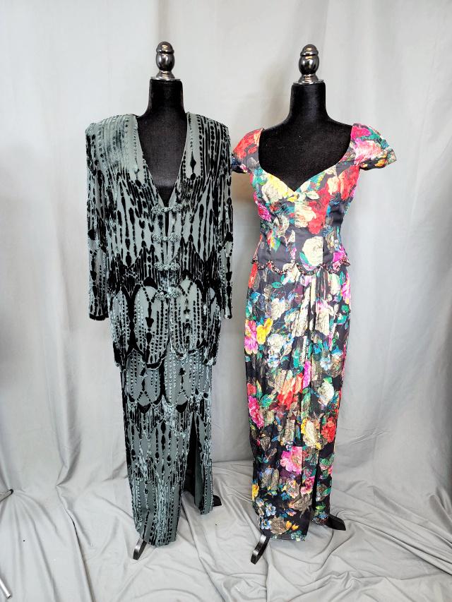 Vintage Witlin Dress and Nina Raynor Skirt Set: Vintage circa 1980s Sander Witlin long black dress with bright flowers and woven metallic gold roses. Short capped sleeves with sweetheart neckline, beaded embellishment along the scallop edge of the 