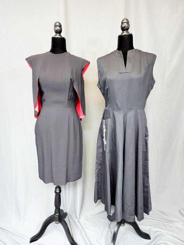 2 Vintage Dresses - Mister Frank, Kay Windsor: 2 Vintage Black Dresses includes Black crepe dress an original by Mr Frank New York, has short pointed sleeves that fan out like a butterfly under the arms with red crepe lining. Has a back zipper. Me