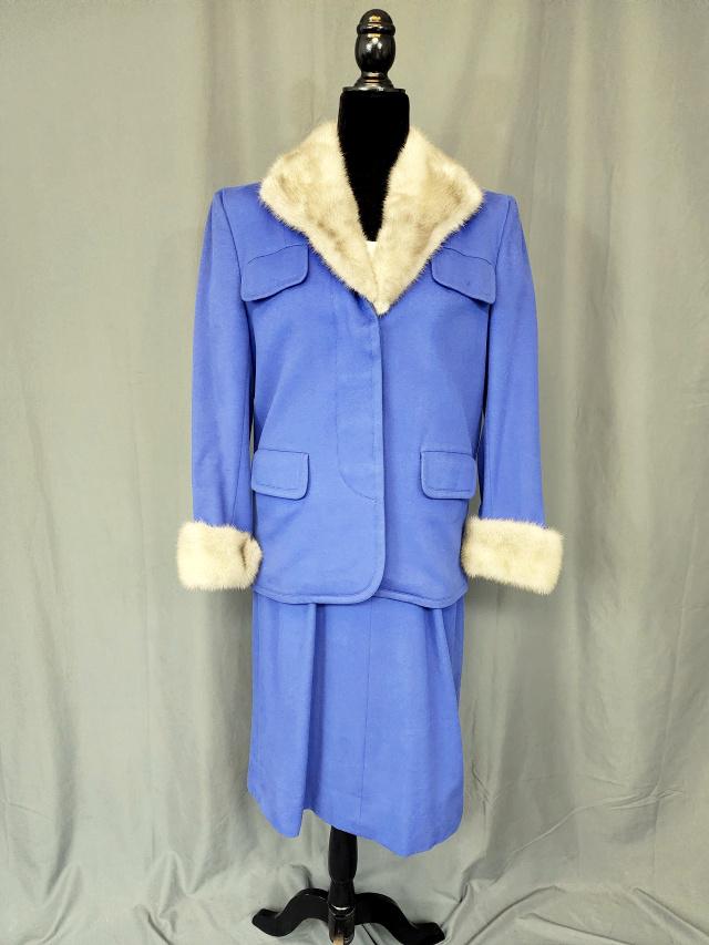 Vintage Saks Fifth Avenue Dress with Jacket: Vintage Ladies Blue Wool Suit Set includes dress with blue skirt and white bodice with matching jacket with button closure and grey fur collar and cuffs. Tag inside by Saks Fifth Avenue. All pockets a