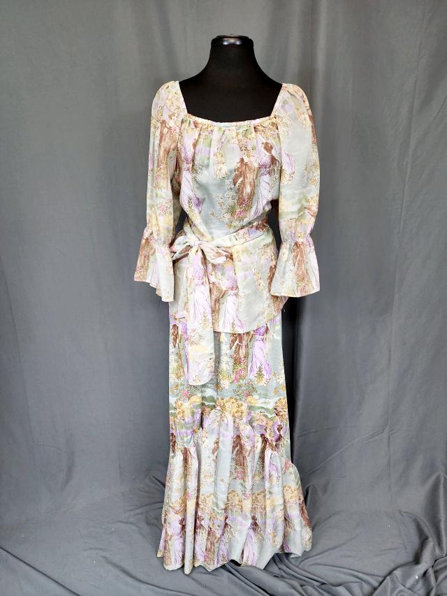 Vintage Aremis Blouse and Skirt: 2 piece Skirt with Blouse by Aremis made in Italy 100% polyester in size 12. Very flowy peasant style with a fun print, ruffle sleeves and ruffle hem. Includes tie belt. Would fit today's size medium.
