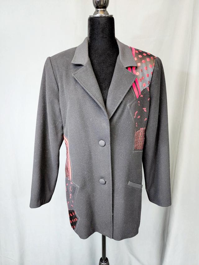 Vintage 1980s Wool Blend Jacket: Vintage Ladies Black Blazer by Canvasbacks size medium in black with a blend of wool silk nylon and cashmere. Jacket has asymmetrical geometric applique to the front and back shoulder, one pocket. In 
