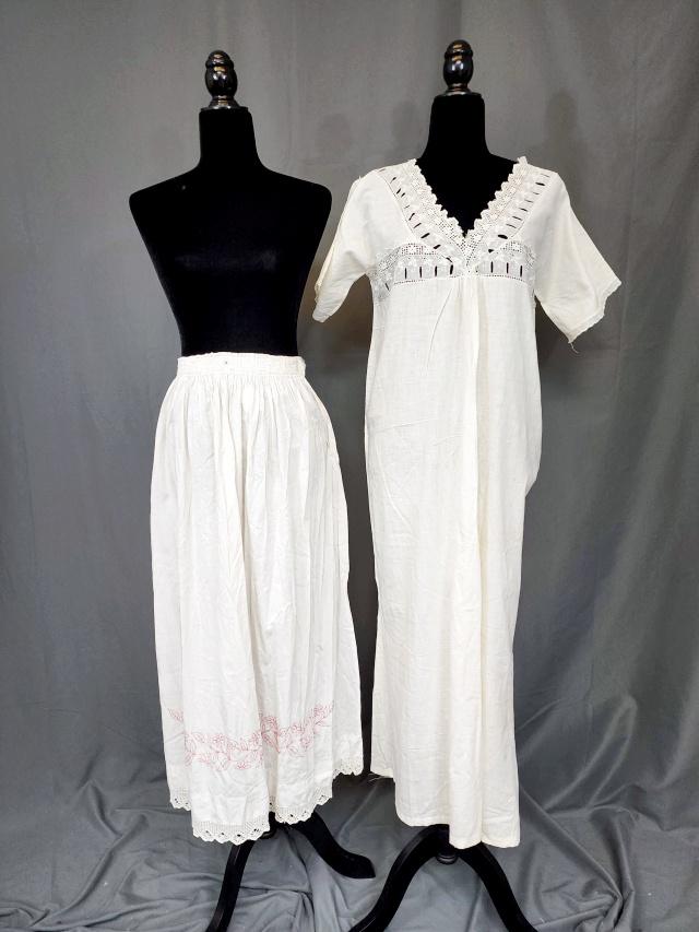 Vintage White Nightgown with Redwork Apron: Vintage White Cotton Nightgown with machine embroidered and eyelet trim in good condition. Along with a long white cotton hand embroidered redwork Apron with lace edge. In fair condition with several 