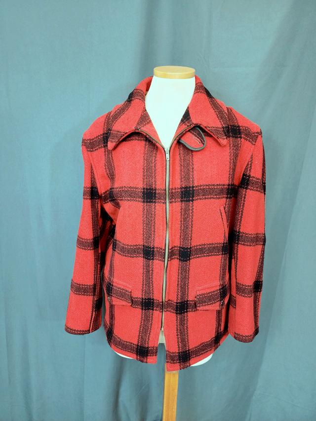 Vintage Mens Jacket - Great Lakes Woolen Co: Vintage Men's red with black plaid wool jacket with brass zipper and button collar closure. Has 4 pockets in the front. Tag by Great Lakes Woolen CO, Duluth MN. Has a pocket or space along the back wi