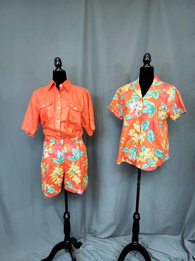 3 Vintage Ladies Ralph Lauren Resort Wear: Group includes 3 pieces of Vintage Lauren Ralph Lauren Green Label resort apparel including 2 linen shirts, one solid orange and 1 orange with tropical print, both size L. And a pair of orange with tr