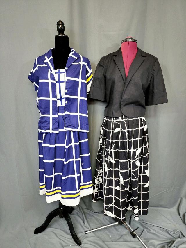 2 Vintage Resort Wear Outfits - Palm Beach, etc: Grouping includes a vintage 3 piece blue and with yellow resort outfit with chemise, short sleeve button down shirt, and skirt, all cotton, all by Palm Beach Life, and Size 10. In very good condition,