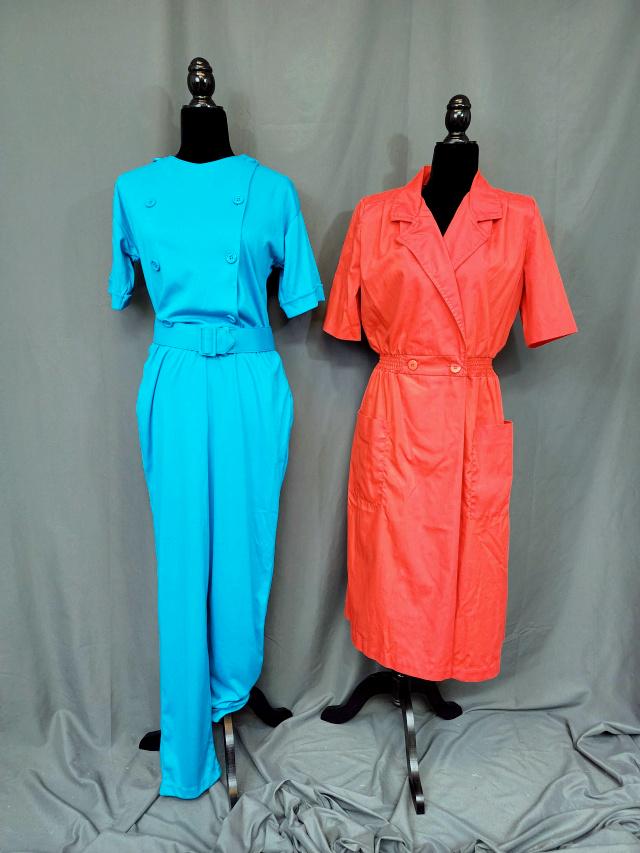 Vintage 1980s Pantsuit and Coral Dress - 10T: Vintage 1980s turquoise cotton/poly knit jersey pants suit in a size 10 Tall, has a matching belt, tag by Ellen Hart Originals. In very good condition. Along with a poly/cotton bright coral dress, wit