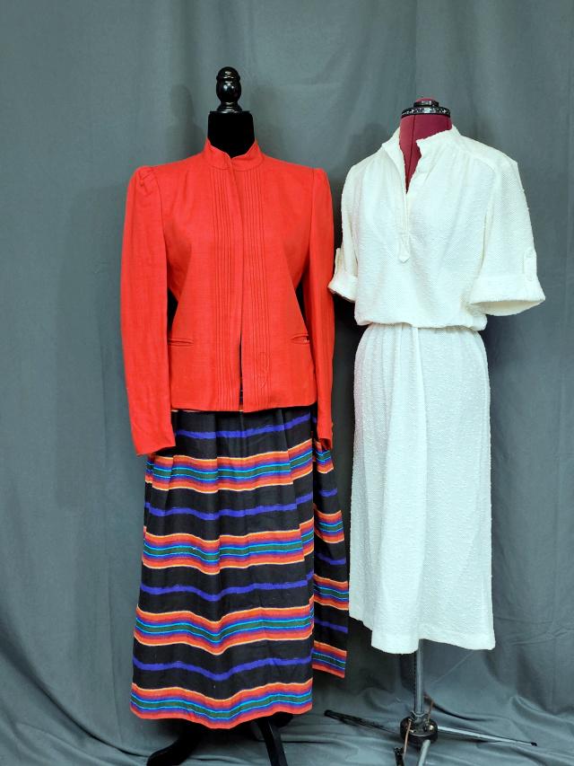 Vintage 1980s Skirt, Jacket, and Dress: Vintage 1980s long cotton/poly skirt with elastic waist, size 10 Tall (13w, 36l), by Sakura Sport in good condition, some fading, with a coordinating viscose rayon red jacket with pintucks, and should