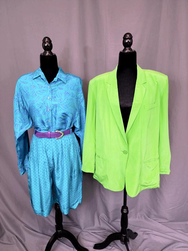 Vintage 1980s Ladies Silk Group: Vintage 1980s silk group includes a silk lime green jacket with long sleeves, single button closure and should pads, tag is by Spenser Jeremy, size 10, in good condition with small spot on back of col