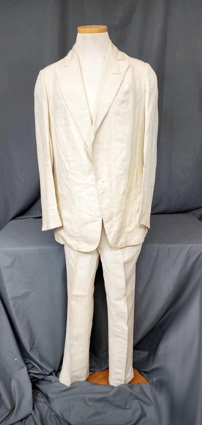 Vintage 1929 Men's Hand Made Linen Suit: Vintage 1929 linen suit with pants and jacket by H J Toner and Company, Boston, made in March of 1929. Pants are 35 waist by 32 length, adjustable in the back, with button closure. The jacket measures