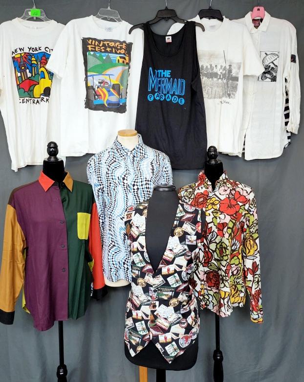 Group of Vintage Graphic Shirts & Vest: Group includes five t-shirts including New York City Central Park, size XL, some spots; Vintage Festival 1996, xl, spots and ink marks; a black Mermaid Parade tank top, size xl, in good condition; a N