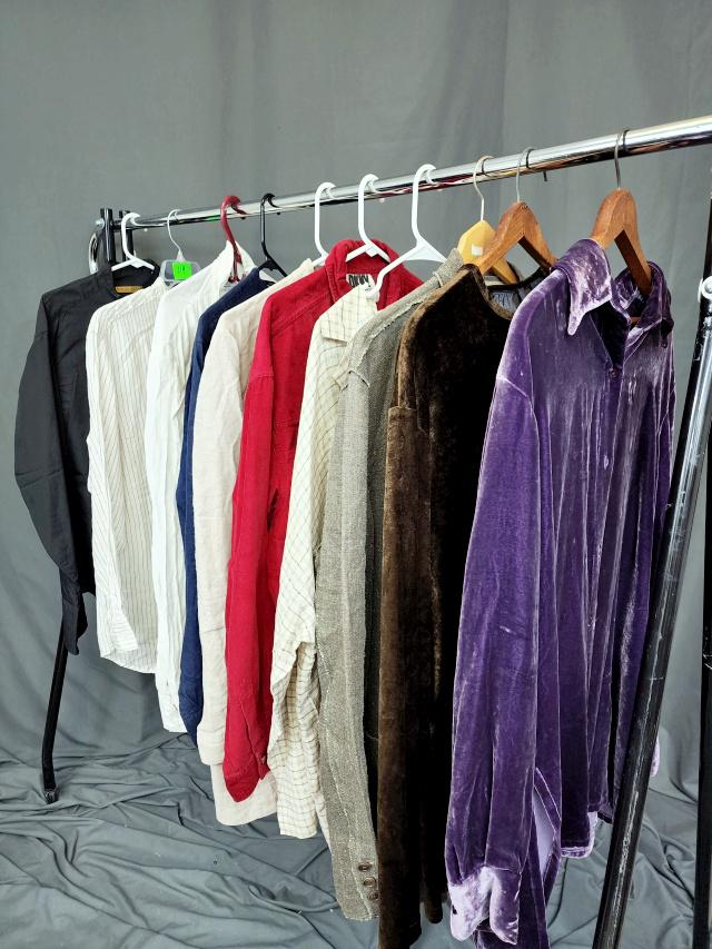 10 DKNY Donna Karan New York Shirts: Includes a purple long sleeve ladies' velvet button down top, City DKNY, size large, a few marks; a men's DKNY olive green velour pullover, size medium; a men's DKNY, linen jacket, size medium; a ladi