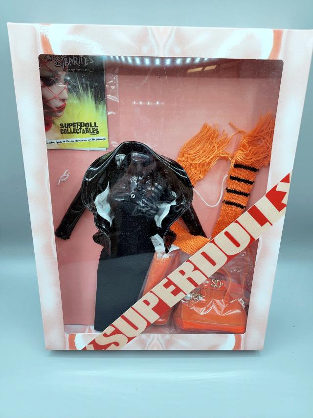 Superdoll Sybarites Outfit - 2014 -Paintent Black: Superdoll Sybarites Outfit - 2014 -Paintent Black. Style: STYB/774. Includes boots, dress, black high gloss tailored jacket, leatherette belt, mid size orange bag with SD monogram trim, and neck scarf