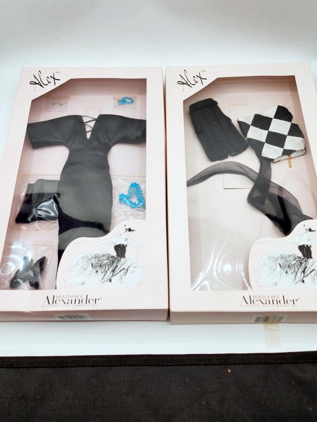 2 Madame Alexander Alex Outfits in Boxes C: 2 Madame Alexander Alex Outfits in Boxes Group C includes Polished Look and Chic to Chic (never opened).These doll items have been gently played with, redressed, and displayed behind glass in a smoke