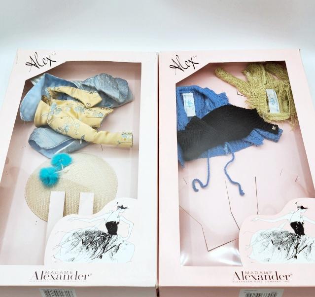 2 Madame Alexander Alex Outfits in Boxes G: 2 Madame Alexander Alex Outfits in Boxes Group G includes Sweater Set and Lasting Impression Outfit. These doll items have been gently played with, redressed, and displayed behind glass in a smoke fre