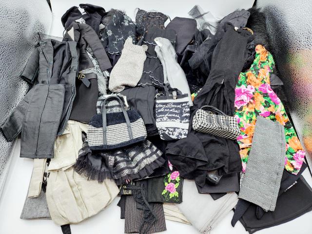 Lg Lot Tyler Wentworth Black and Grey Clothing: Lg Lot Tyler Wentworth Black and Grey Clothing. Includes leather, formal dresses, skirts, jackets, blouses, dresses, fur, boots, shoes, hat, coats, pants, satchel filled with tiny accessories, and tig