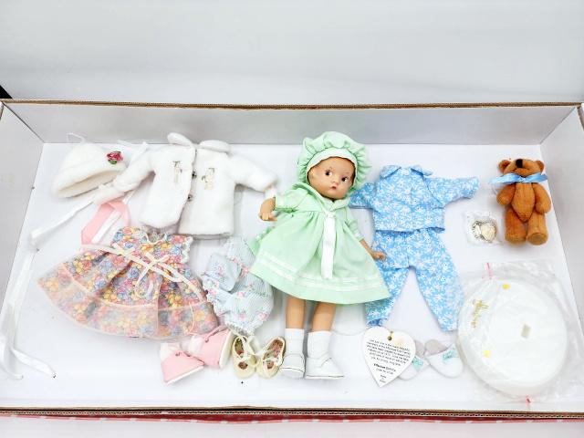 Effanbee Patsyette Doll Gift Set: Effanbee 8.5" Patsyette Gift Set Doll and Clothes PY6201. Patsyette accessories include dress, coat, pajamas, teddy bear, shoes. She is redressed in Peppermint Sailor PY8405, and that box with socks a
