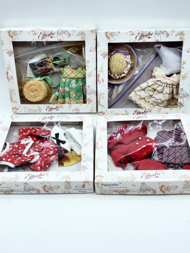 4 Effanbee Patsyette Doll Outfits in Boxes: 4 Effanbee Patsyette Doll Outfits in Boxes include Bunny Best Outfit PY8404, Winter Chill PY304, Playmate PY8301, and Spring Bonnet PY8302. All have been removed from box, but appear to be complete. T