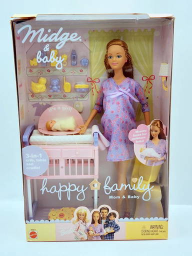 Happy Family Midge Barbie Pregnant Mattel 2002 with Baby without Belly Baby Bed and Accessories Vintage