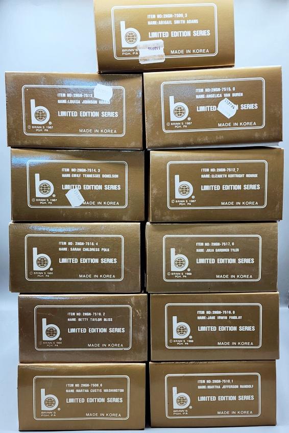 11 Porcelain Dolls American Tradition Series by Brinns: 11 Porcelain Dolls American Tradition Series by Brinns from the 1980s. 8 are from the First Lady Gown Series. All in original boxes. Includes Abigail Smith Adams, Louisa Johnson Adams, Angelica Van Bu