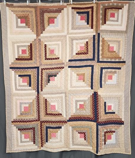 Antique c1890 Log Cabin Quilt - CA: Antique c1890 Log Cabin Quilt in a Sunshine and Shadows arrangement measuring 66x74 inches. Comprised of 20 blocks, 15x15 inches, set straight, 4 by 5. It is hand and machine pieced and hand quilted.