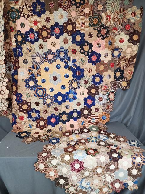 2 Hexagon Chintz Quilt Fragments c1860 (1 of 17)