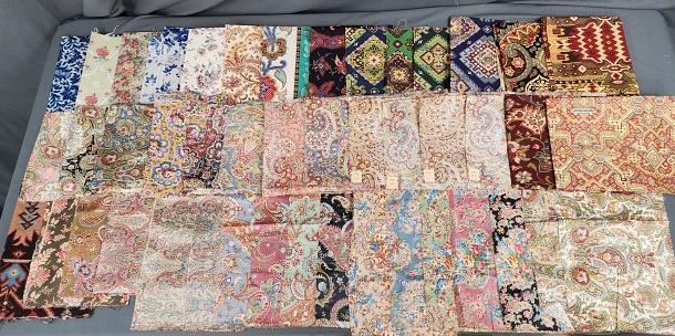 70 Vintage Floral and Paisley Fabric Swatches: Over 70 Vintage and Antique Floral and Paisley Fabric Swatches in mostly cotton, one velvet. These are mostly larger swatches. A few are dated late 19th century and early 20th century. Several are the