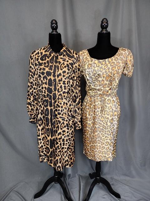 2 Vintage Animal Print Dresses: 2 Vintage Leopard Print Dresses. Donald Brooks leopard print dress has long sleeves that button at the cuff, pockets, front button closures, believed to be silk. Laying flat measures 19" bust, 17" wai