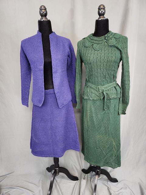 2 Vintage Knit Outfits: 2 Vintage Knit Outfits. Bluish purple skirt with matching sweater. Skirt has elastic waist which still works. Measures laying flat skirt 16 waist, 25 long. Sweater measures 14 across back and 23 arms.