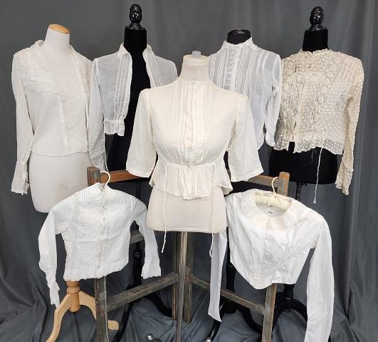 7 Antique Edwardian Shirtwaists Blouses: 7 Antique Edwardian Shirtwaists Blouses including a smaller, possibly child's, shirtwaist, with pin tucks, broderie anglaise, and carved mother of pearl buttons, in very good condition; a shirtwaist w